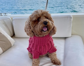 Maglione per cani in misto lana lavorato a maglia a trecce rosse - Traspirante, lavabile in lavatrice