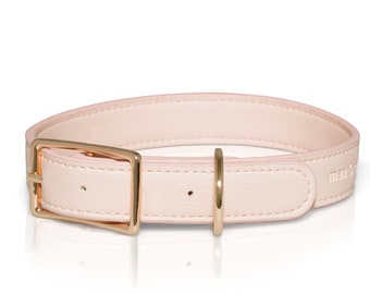 Pale Pink Vegan Leather Dog Collar, Light Gold Hardware. Rounded edge and lightweight.