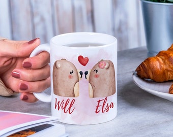 Mug couple personnalisable en céramique de 325 ml oursons de la saint valentin avec cœurs cadeau mignon pour couple