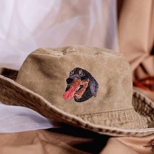 Custom pet embroidery on bucket hats and baseball caps. Mini size embroidery pet