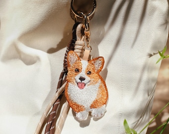 Versión sofisticada - Llavero personalizado con retrato de mascota: dije bordado de doble cara
