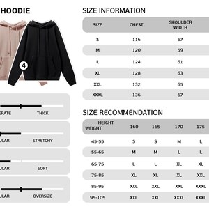 Puede incluir: Una tabla de tallas para una sudadera con capucha de 345GSM en beige, rosa y negro. La tabla muestra el pecho, el ancho de los hombros, la longitud y la longitud de la manga en cent&iacute;metros para las tallas S a XXXL. Tambi&eacute;n incluye una tabla de recomendaci&oacute;n de tallas en funci&oacute;n de la altura y el peso.