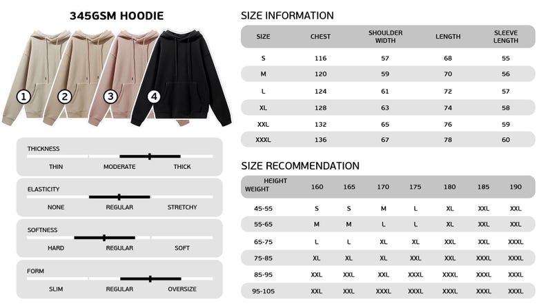 Puede incluir: Una tabla de tallas para una sudadera con capucha de 345GSM en beige, rosa y negro. La tabla muestra el pecho, el ancho de los hombros, la longitud y la longitud de la manga en cent&iacute;metros para las tallas S a XXXL. Tambi&eacute;n incluye una tabla de recomendaci&oacute;n de tallas en funci&oacute;n de la altura y el peso.