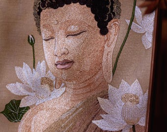 Arte del bordado del Buda Shakyamuni: pintura zen de flor de loto