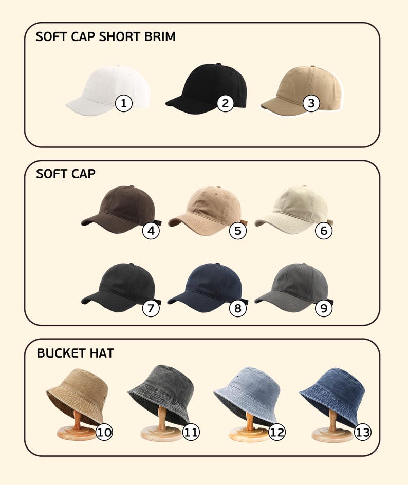 Puede incluir: Colecci&oacute;n de gorras y sombreros de pescador en varios colores. La imagen muestra gorras de ala corta en blanco, negro y beige. Tambi&eacute;n se muestran gorras suaves en marr&oacute;n, beige y crema. Se incluyen sombreros de pescador en beige, gris y azul vaquero.