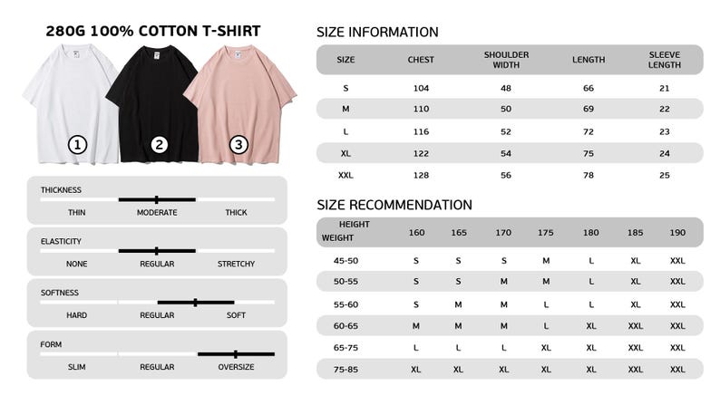 Puede incluir: Una tabla de tallas para una camiseta de algod&oacute;n 100% de 280 g. La tabla muestra el pecho, el ancho de los hombros, la longitud y la longitud de la manga para las tallas S, M, L, XL y XXL. La tabla tambi&eacute;n incluye una recomendaci&oacute;n de talla en funci&oacute;n de la altura y el peso.