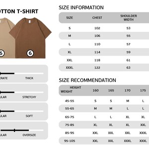 Puede incluir: Tabla de tallas para una camiseta de algod&oacute;n 100% de 260 g. La tabla muestra el pecho, el ancho de los hombros, la longitud y la longitud de la manga para las tallas S, M, L, XL, XXL, XXXL y XXXXL. Tambi&eacute;n incluye una tabla de recomendaci&oacute;n de tallas en funci&oacute;n de la altura y el peso.