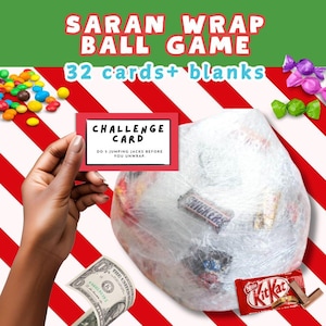 Saran Wrap kerstbalspelkaarten, afdrukbaar kerstfeestspel, uitdagings- en kolenkaarten, instant download, vriendenfeestspel