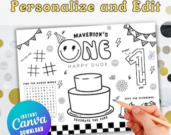 one happy dude,  Coloring Placemat, INSTANT DOWNLOAD, Digital File, Printable, birthday game Activity Mat, Personalized, editable