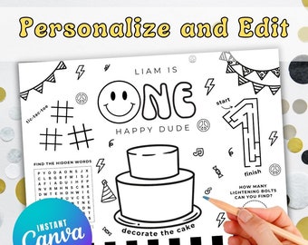 one happy dude  Coloring Placemat, INSTANT DOWNLOAD, Digital File, Printable, birthday game Activity Mat, Personalized, editable