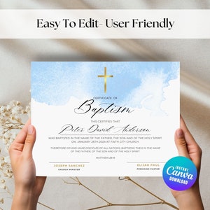 Plantilla de certificado de bautismo, descarga instantánea, plantilla de certificado de bautismo editable, certificado de bautismo imprimible, bautismo en agua