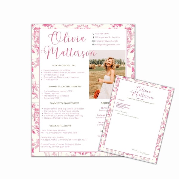 Sorority Resume template, Sorority resume template with photo, Sorority Resume and Cover letter, pink sorority, instant download, editable