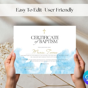 Plantilla de certificado de bautismo, descarga instantánea, plantilla de certificado de bautismo editable, certificado de bautismo imprimible, bautismo en agua
