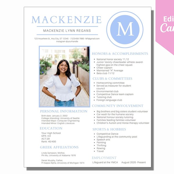 Sorority Resume, Sorority resume template with photo, Resume with Cover letter, minimalist, monogram, editable, Canva, blue