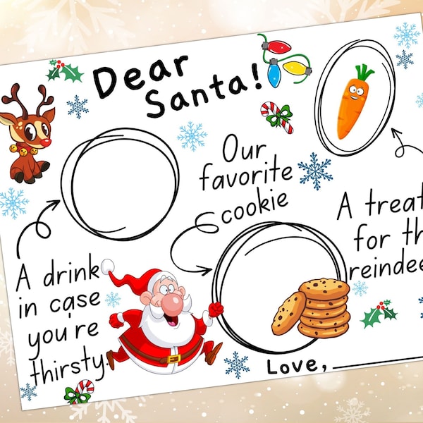 Cookies and milk for Santa,  Christmas Printable for kids, Placemat, Christmas activity, Santa Tray printable, milk for Santa, dear Santa