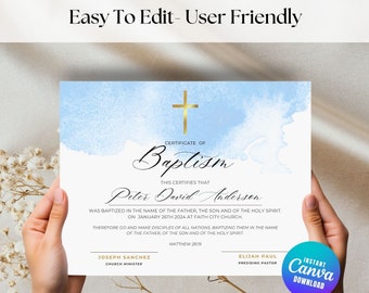 Baptism Certificate template, Instant download, Editable Baptism Certificate Template, Printable Certificate of Baptism, Water Baptism