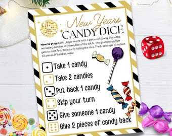 Kids Party New Years Dice Game, candy dice game for kids, printable kids games, Candy Party Game, kids icebreaker game, kids party favor