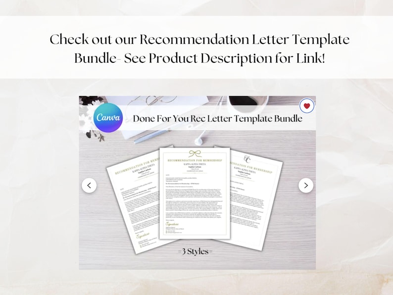 K&ouml;nnte beinhalten: Drei Vorlagen f&uuml;r Empfehlungsschreiben werden gezeigt, jede mit einem anderen Design. Der Text "Done For You Rec Letter Template Bundle" ist sichtbar, zusammen mit dem Canva-Logo. Das Bild enth&auml;lt auch den Text "3 Styles".
