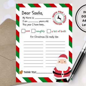 Carta a Papá Noel, lista de deseos navideños, imprimible navideño para niños, bastón de caramelo, actividad navideña, imprimible navideño, verde y rojo
