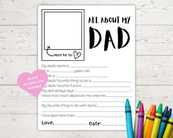 Father&#39;s Day gift, All about my dad printable, Kids coloring activity, Father&#39;s Day activity, Father&#39;s Day card, Fill in the blanks, kids