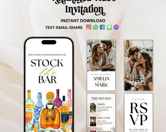 Couples engagement party invitation, animated, stock the bar, couples shower, let's stock the bar, house warming, editable Canva template