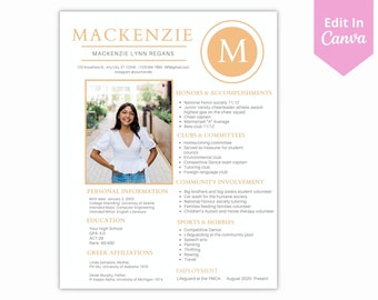 May include: A resume template with a gold border and a large initial "M" in the top right corner. The resume is for Mackenzie Lynn Regans and includes personal information, education, honors and accomplishments, clubs and committees, community involvement, sports and hobbies, and employment.
