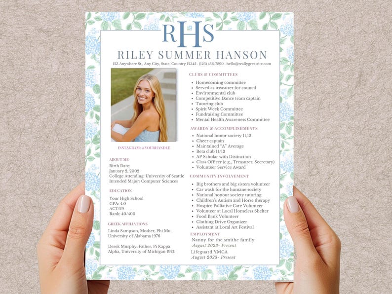 May include: A resume with a photo of a young woman, Riley Summer Hanson, framed by a floral border. The resume includes contact information, education, extracurricular activities, and employment history. The initials "RHS" are at the top.