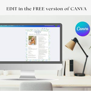May include: A computer monitor displays a resume template with the text "EDIT in the FREE version of CANVA." The resume features a photo and floral design. A desk lamp and a plant are also visible.