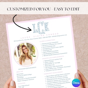 Plantilla de currículum de hermandad con foto, currículum y carta de presentación de hermandad en azul y rosa, plantilla personalizada, letras de monograma chinoiserie