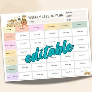 May include: A weekly lesson plan template with a colorful design. The template includes sections for the teacher, subject, and class, with spaces for each day of the week. The word "editable" is written in a teal script font. A cartoon of ducks is at the top.