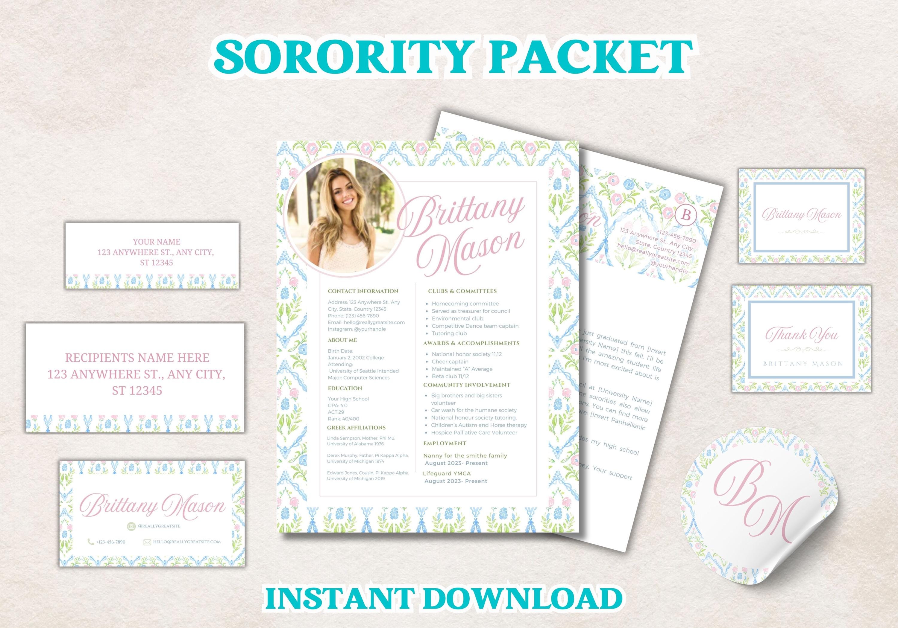 Sorority Packet, Pink blue green sorority, Sorority Resume Template with picture, Recruitment letters, Stickers, bid day, grandmillennial