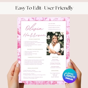 Plantilla de currículum de hermandad, plantilla de currículum de hermandad con foto, currículum de hermandad y carta de presentación, hermandad rosa, descarga instantánea, editable