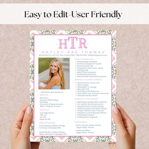 May include: A resume template with a pink and white floral border. The resume includes a photo of a woman, her name, contact information, and sections for clubs, awards, and employment. The text "Easy to Edit - User Friendly" is at the top.