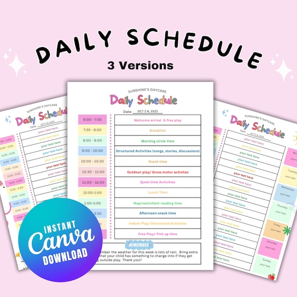 Daily Daycare Schedule, Homeschool schedule, Editable classroom schedule, Kids routine, Weekly schedule, school Calendar, Weekly, Daily