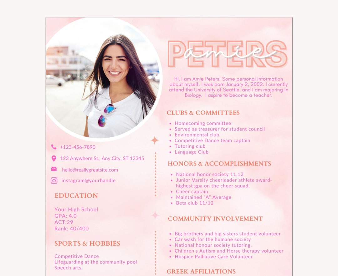 Sorority Resume Template With Photo, Rush, Instant Download, Editable
