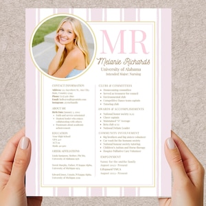 May include: A resume with a photo of a smiling blonde woman. The document features pink and white stripes, the initials "MR", and the name "Melanie Richards". It lists "University of Alabama" and "Intended Major: Nursing".