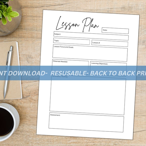 Daily lesson plan, lesson plan template, Teacher Lesson planner, instant download, stationary, daily planner, printable, black and white