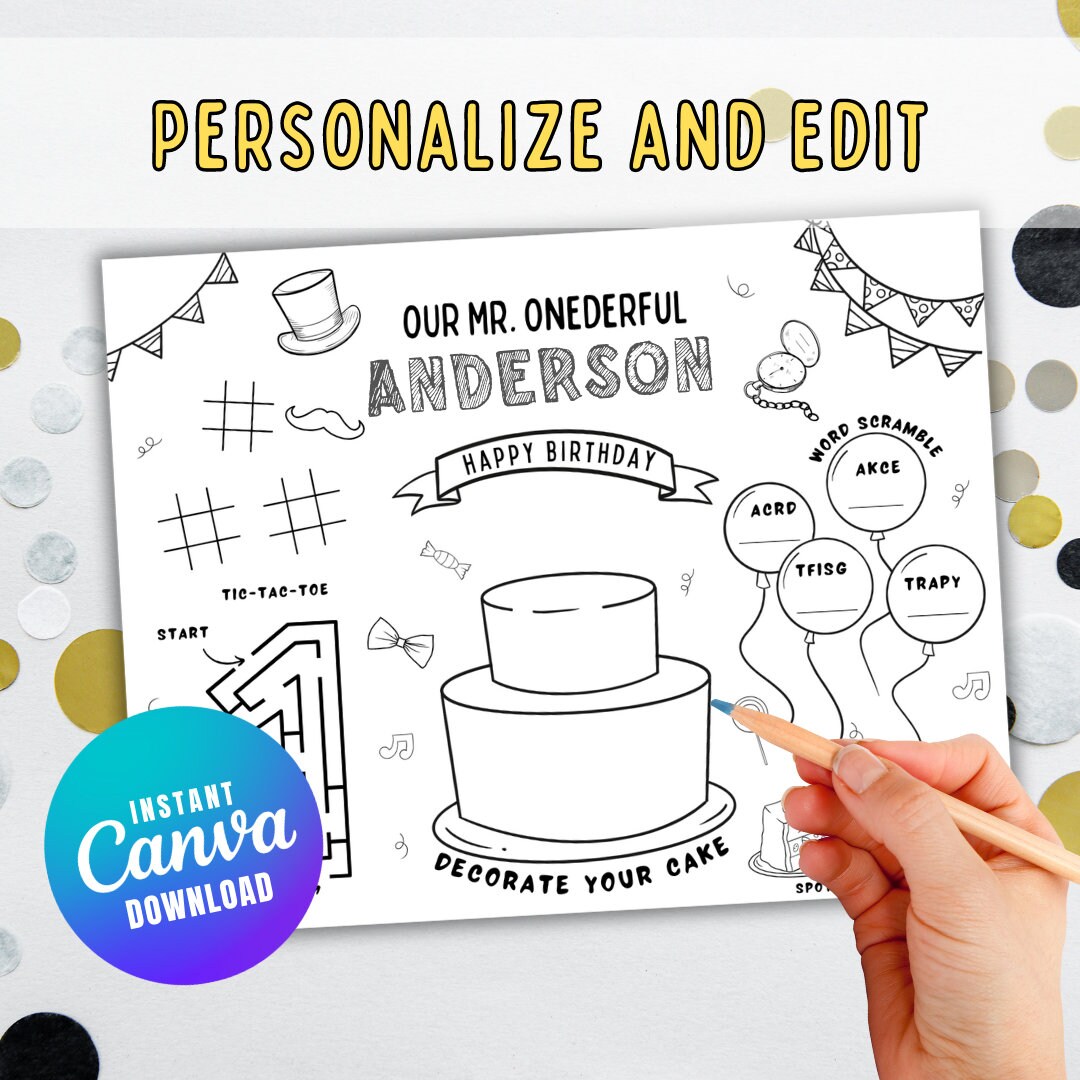 Mr Onederful, Coloring Placemat, INSTANT DOWNLOAD, Digital File, Printable, birthday game Activity Mat, Personalized, editable
