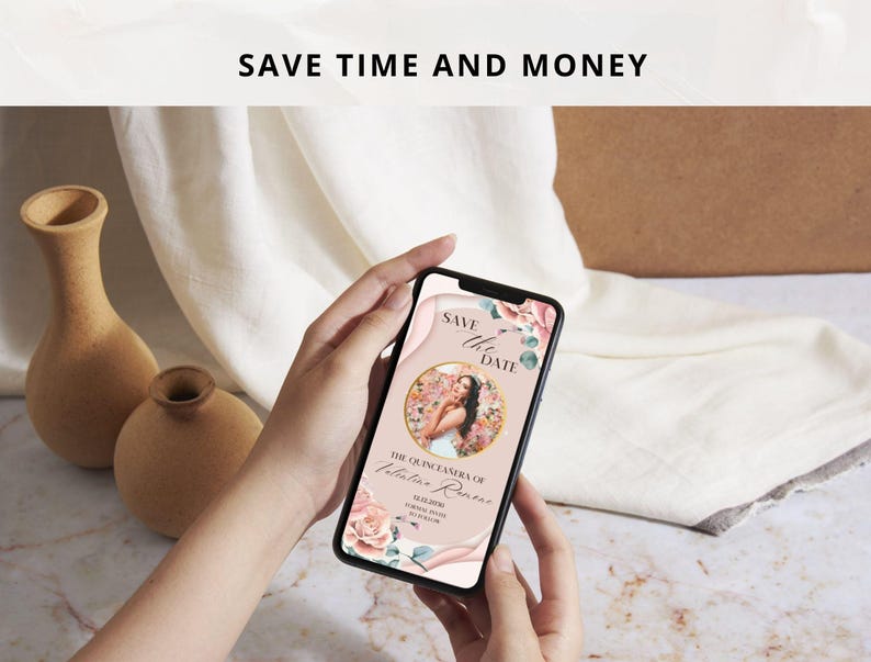 May include: A mobile phone displaying a save the date card with a floral design and a photo of a person. The text on the card reads "Save the Date" and "The Quincea&ntilde;era of Natalia Rosas".