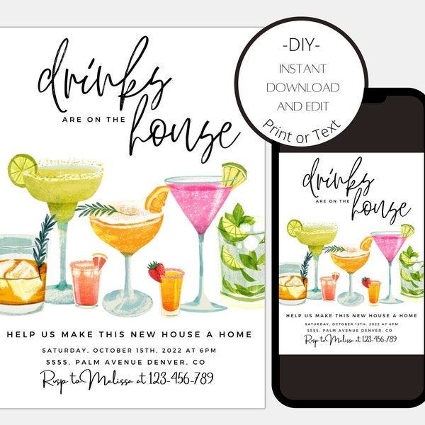 drinks are on the house invitation template, housewarming invitation, let's stock the bar, editable, printable, instant download, new home
