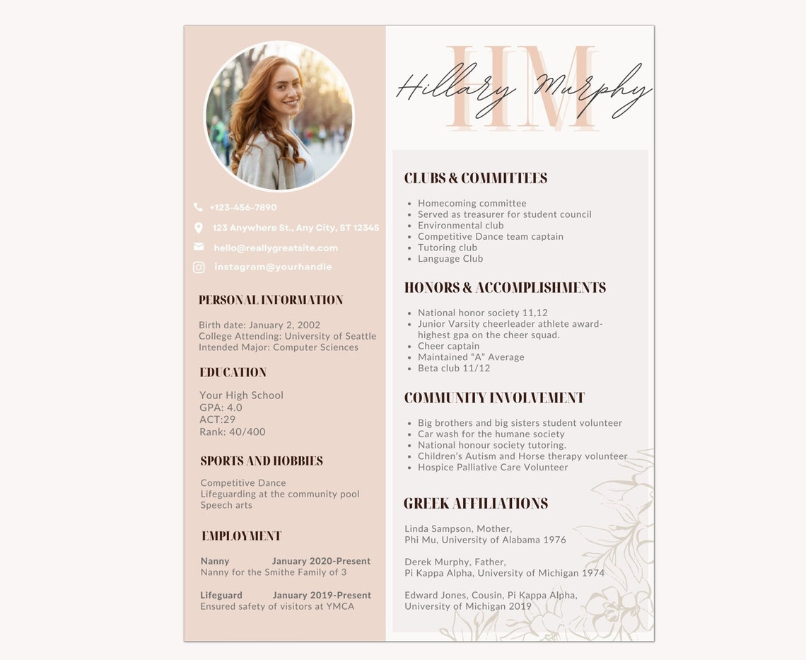 Sorority Resume Template With Photo Instant Download Etsy Sorority Resume Template With Photo Instant Download Etsy