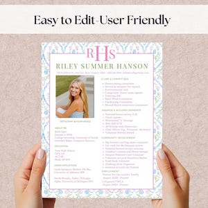 May include: A resume template with a floral border, held by hands. The resume includes a photo, name, and sections for education, clubs, and accomplishments. The text "Easy to Edit - User Friendly" is at the top.