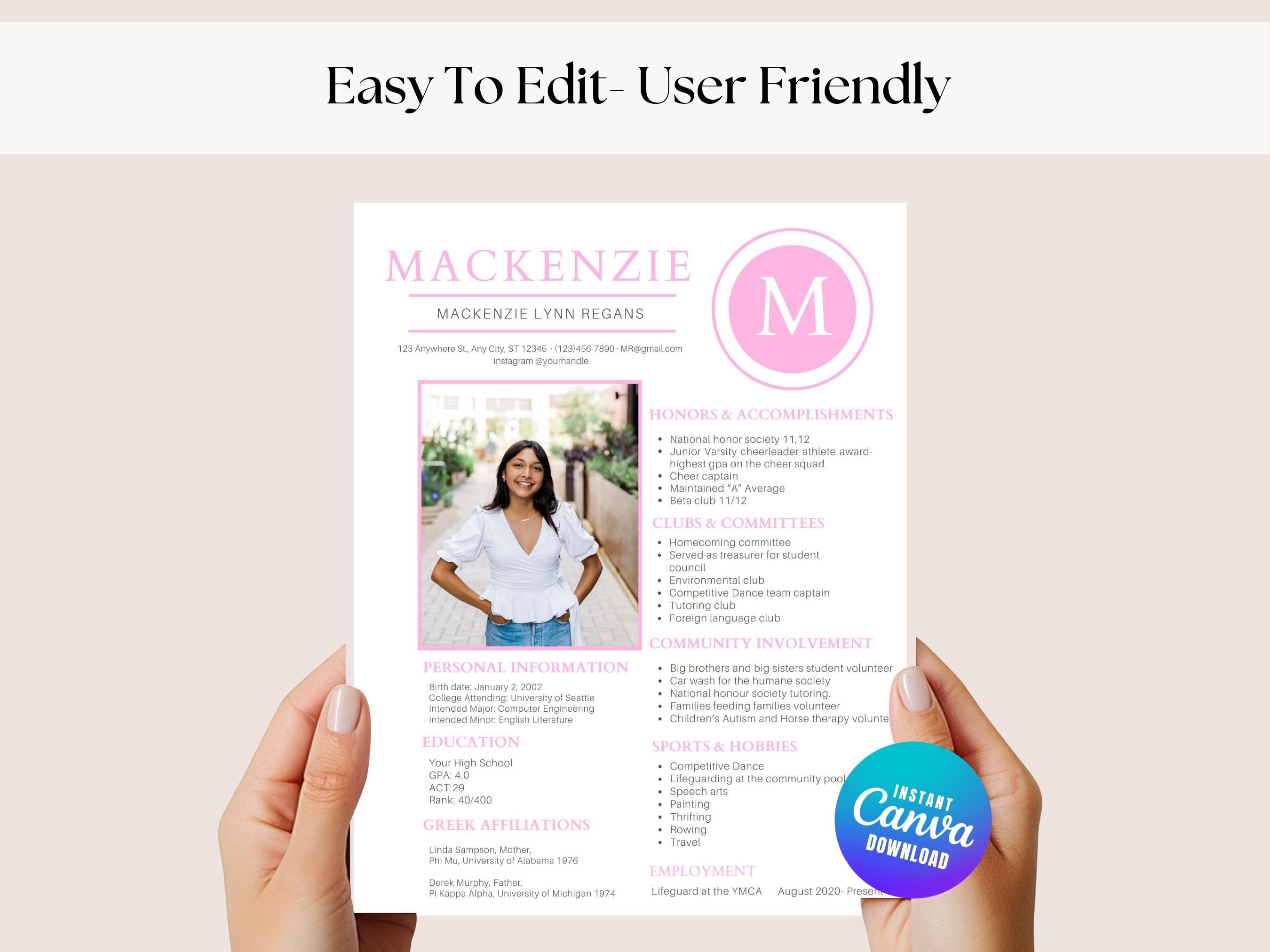 Sorority Resume Template with photo, pink sorority, Editable, girly, recruitment, job resume, with cover letter