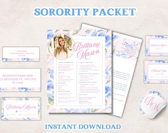 May include: A sorority packet with a floral design in pink and blue. The packet includes a letter, a thank you card, a business card, and a sticker. The text on the packet reads "Brittany Mason" and "Sorority Packet".