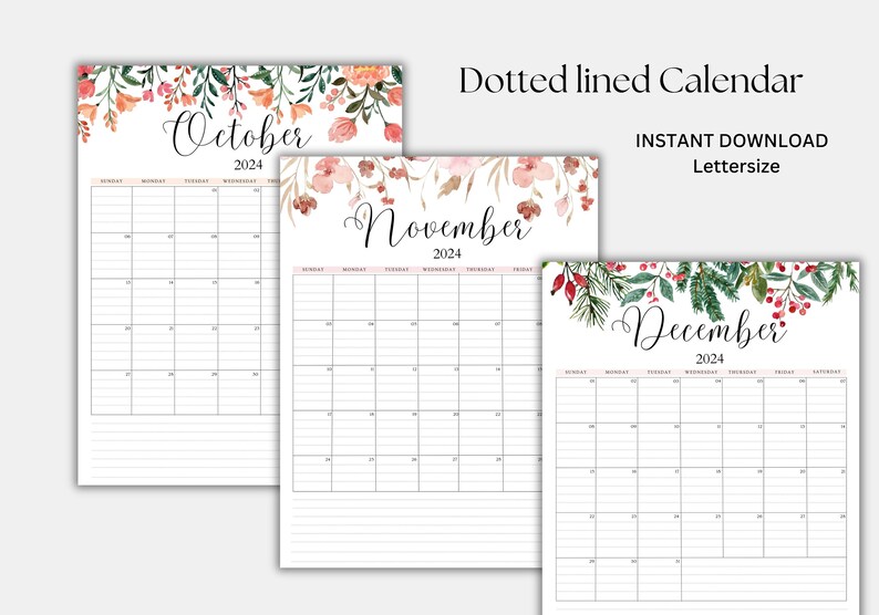 2024 Lined Printable Calendar, Portrait, Floral Greenery Calendar 2024