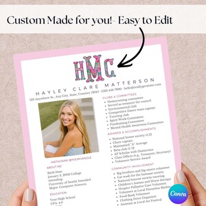 May include: A pink resume template with a photo and the text "Custom Made for you! - Easy to Edit." The resume includes sections for clubs, committees, awards, accomplishments, and community involvement. The Canva logo is in the bottom right corner.