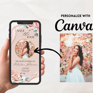 May include: A pink and white digital save the date card with floral accents. The card features a photo of a young woman in a white dress and a crown. The text on the card reads "Save the Date" and "The Quincea&ntilde;era of Valentine Ramone".