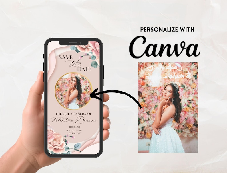 May include: A pink and white digital save the date card with floral accents. The card features a photo of a young woman in a white dress and a crown. The text on the card reads "Save the Date" and "The Quincea&ntilde;era of Valentine Ramone".