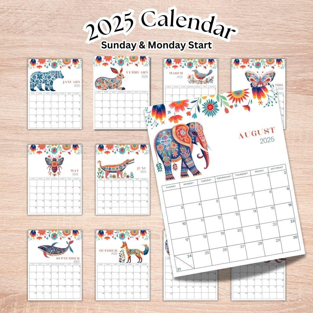 2025 Printable Calendar, Portrait, Folk Art Calendar 2025, Sunday