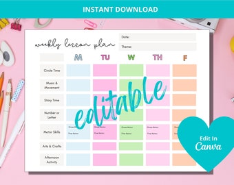 Weekly lesson Plan Template, Teacher Lesson planner, Preschool/Kindergarten, Pre k schedule template, Instant Download, editable, printable